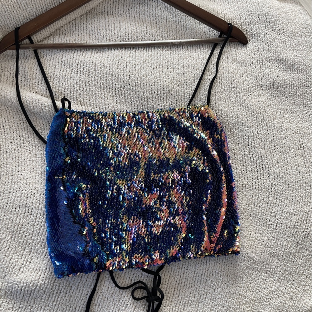 Mini Halter Blue & Orange Sequin top size large -top only